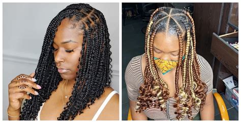 two braids with curly ends|braids curled at the end.